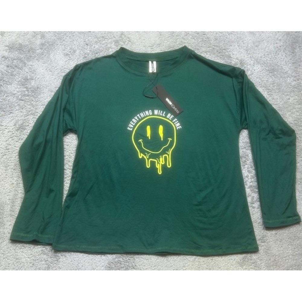 Fashion Nova PJ TOP Women's M Green Long Sleeve 'Everything Will Be Fine' NEW